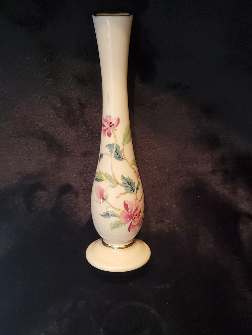 Vintage Lenox Barrington Collection Bud Vase Pink Floral Gold Trim  7.5 Inch